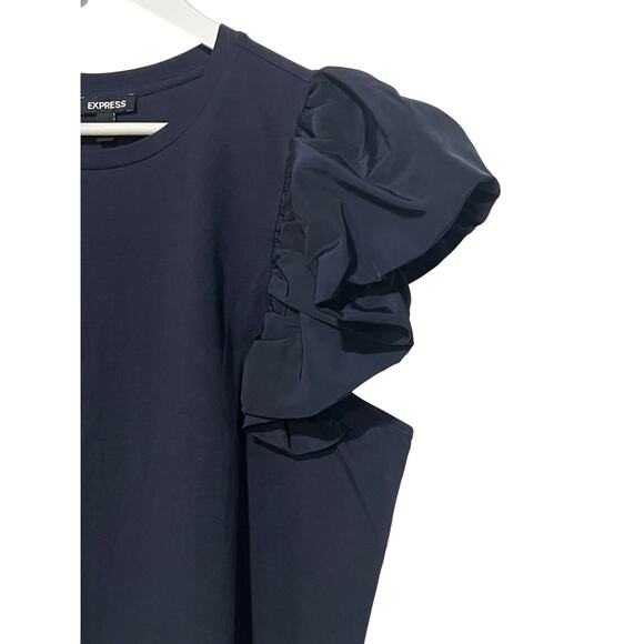 EXPRESS TOP WOMENS SIZE XLARGE CASUAL RUFFEL SLEEVE ROUND NECK TEE SHIRT NAVY - Picture 6 of 11